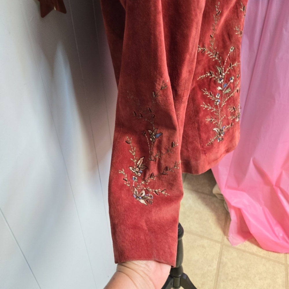 Vintage Eric Gaskins- Jolie Suede Blazer Brick Red. Embroidered and beaded SzM - Picture 3 of 7